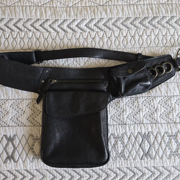 RARE Free People We The Free Black Leather Waist Fanny Bag Adjustable EUC - Picture 1 of 6